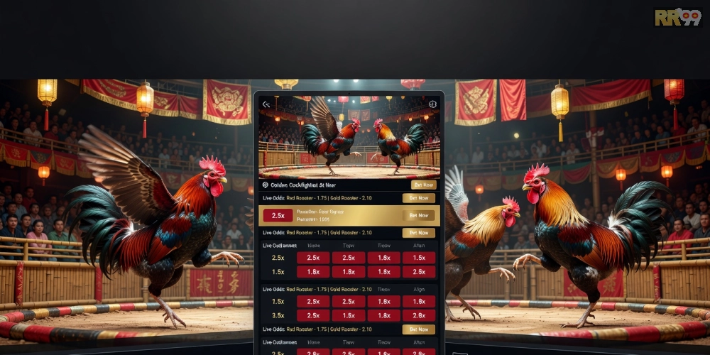 Minh họa khái niệm đá gà chọi rr99 với giao diện nền tảng trực tuyến
