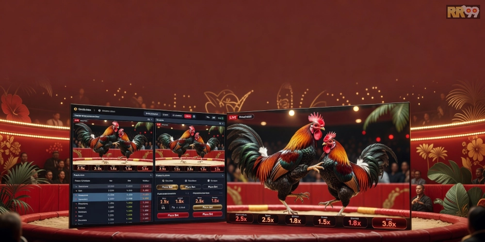 Minh họa khái niệm đá gà trực tuyến với giao diện nền tảng hiện đại