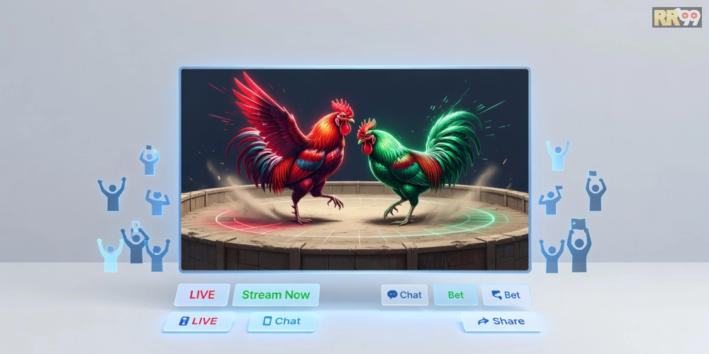 Minh họa khái niệm xem đá gà trực tiếp trên nền tảng RR99 với giao diện streaming
