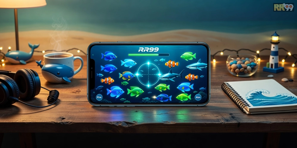 Giao diện ứng dụng RR99 trên di động với cá bơi lội sinh động