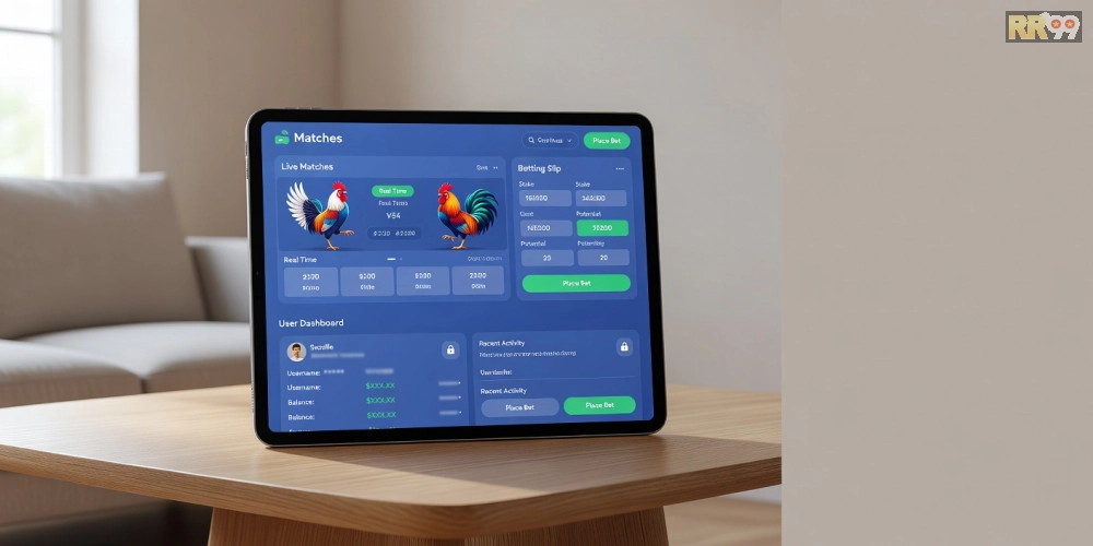 Hình ảnh giao diện trang web xem đá gà trực tiếp với các trận đấu nổi bật và tính năng cá cược