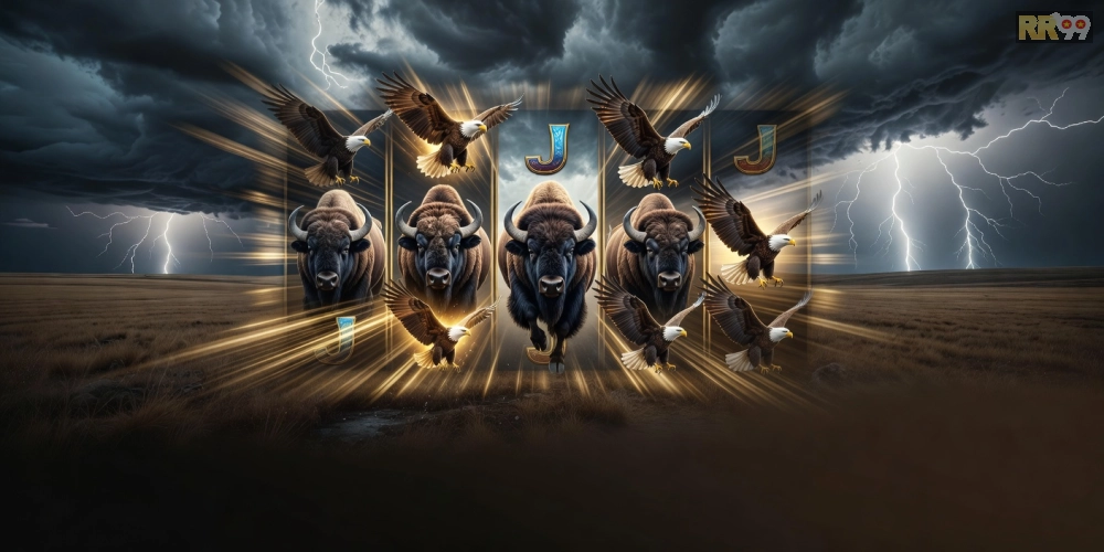 Hình ảnh trò chơi Buffalo Thunder với biểu tượng động vật hoang dã và hiệu ứng nổ hũ ấn tượng