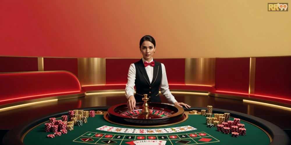 Minh họa khái niệm trực tiếp casino rr99 với dealer chuyên nghiệp và bàn chơi hiện đại