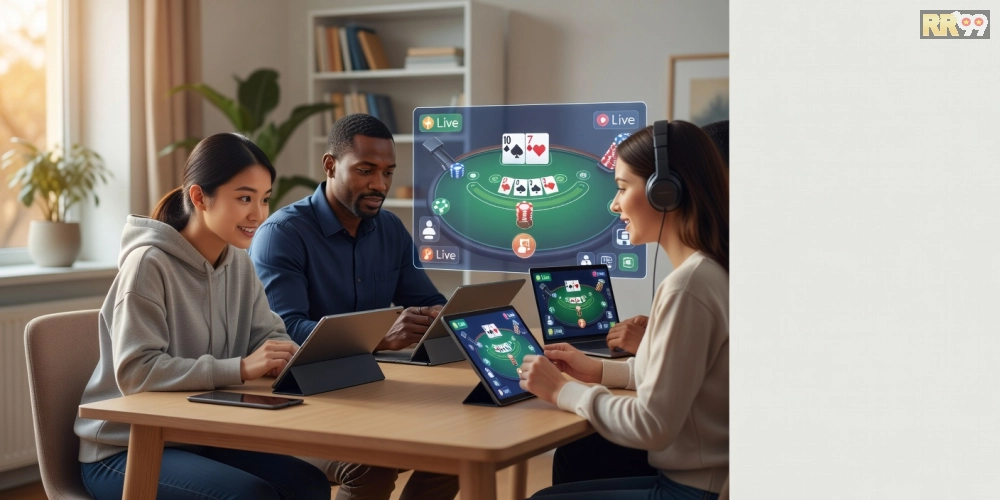 Ảnh nổi bật ưu điểm trực tiếp casino với giao diện streaming mượt mà và người chơi hài lòng